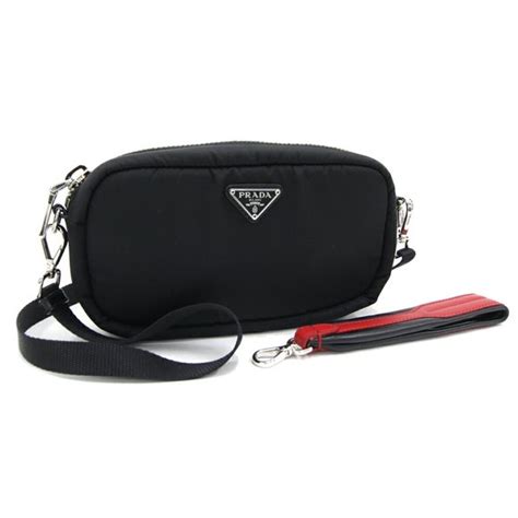 Prada Shoulder Bag 1DH046 Black Red Nylon Leather Clutch 